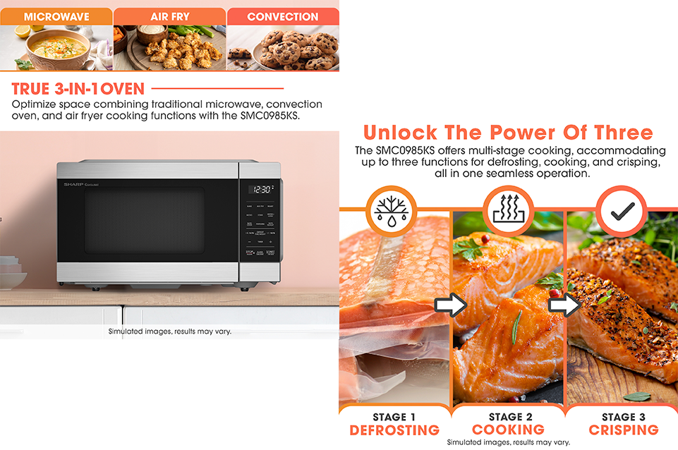 Sharp 3-in-1 oven combining microwave, air fry, and convection functions with images showing stages of defrosting, cooking, and crisping salmon.