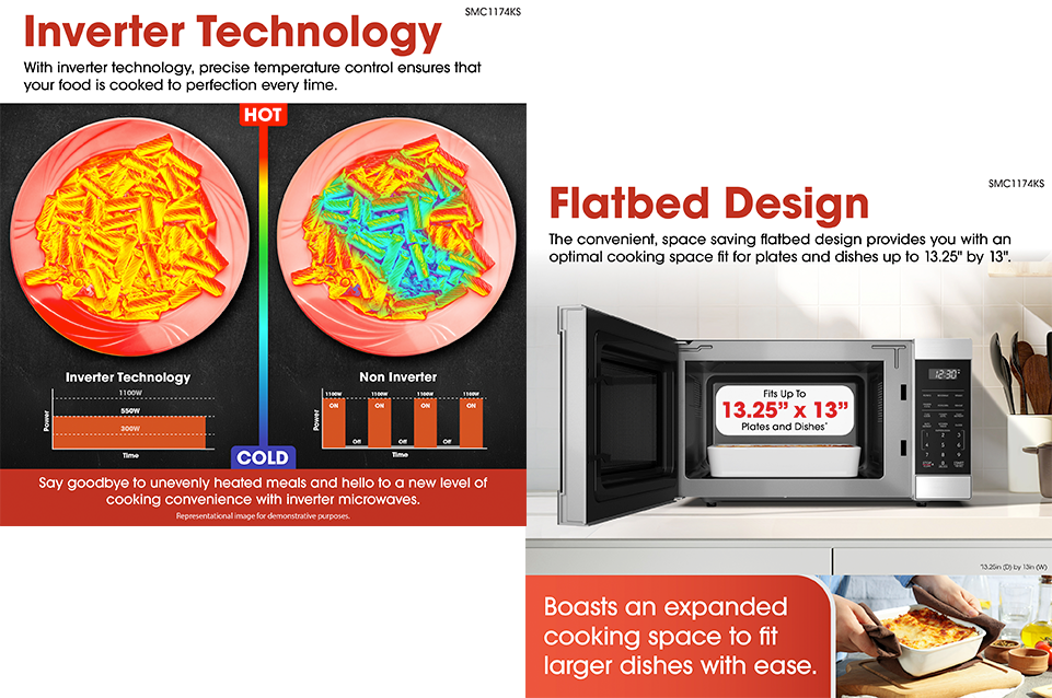 Comparison of cooked pasta heat distribution on plates using inverter and non-inverter technology showing more even heating with inverter, and a microwave with flatbed design fitting dishes up to 13.25 by 13 inches.