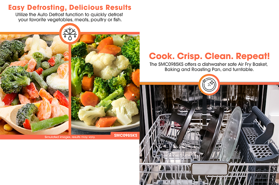 Left side shows frozen mixed vegetables and thawed cooked vegetables; right side shows a dishwasher loaded with an Air Fry Basket, Baking and Roasting Pan, and turntable.