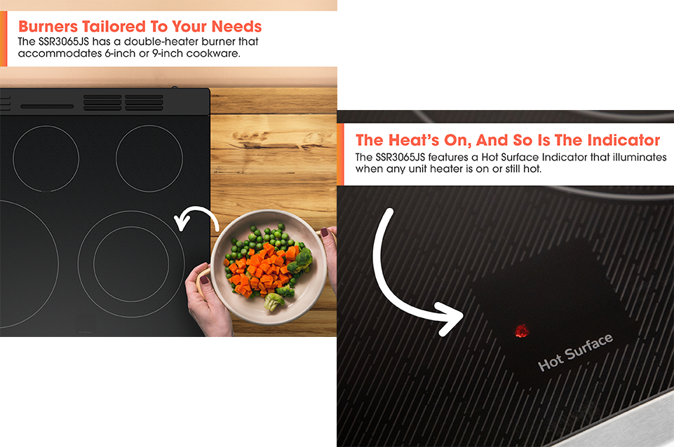 Two images showing a stove cooktop: one with hands holding a bowl of vegetables above a burner, and another highlighting a red hot surface indicator light on the cooktop.