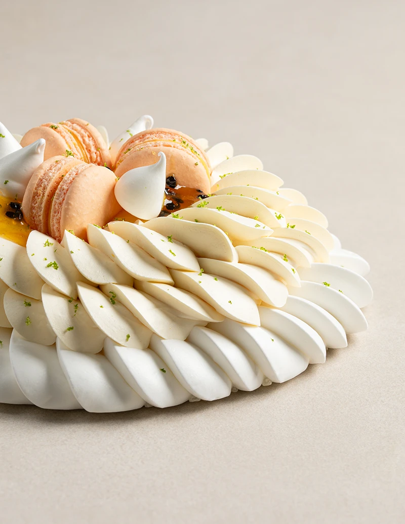 Passion Fruit Pavlova cake detail close up