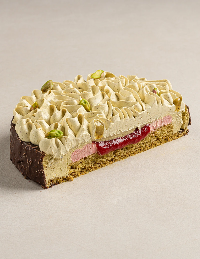 Dubai Chocolate Strawberry cake slice showing layers