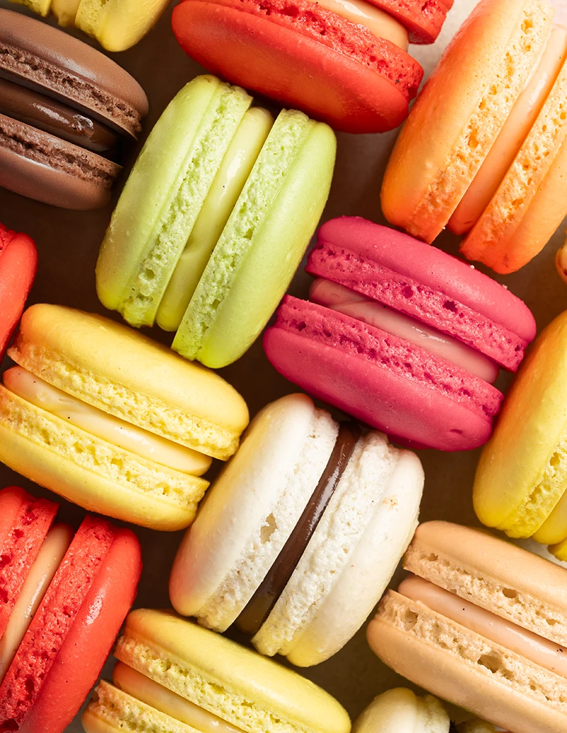 Close-up of Garden macarons with creamy fillings