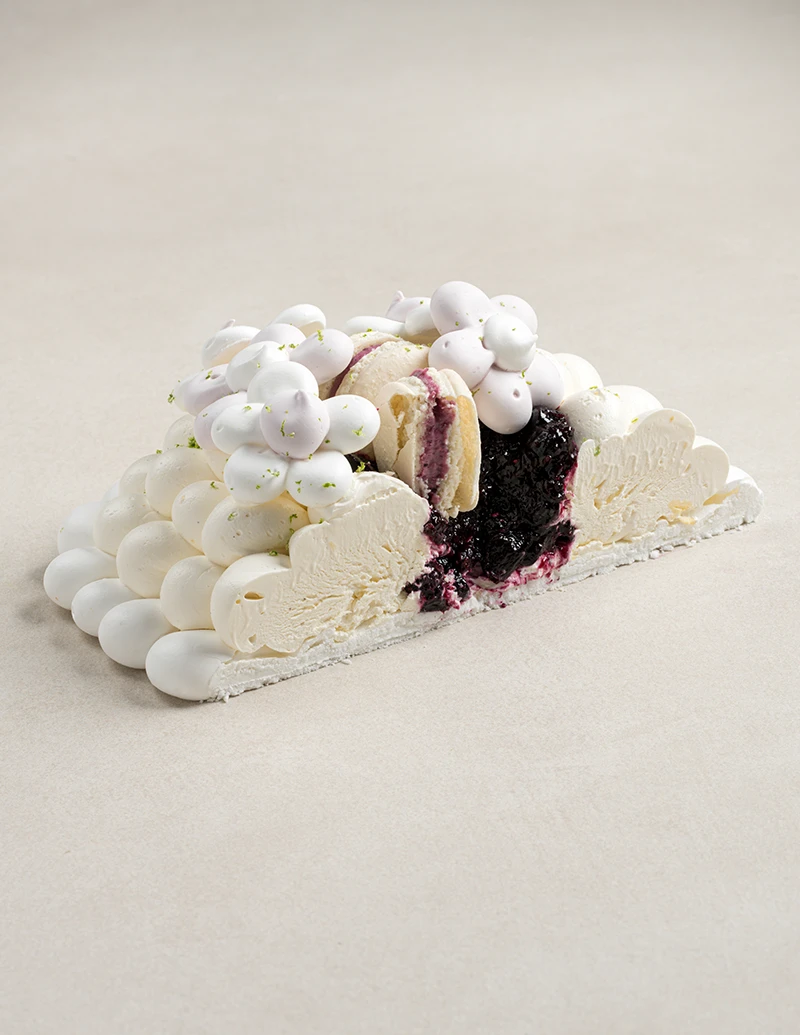 Blueberry Pavlova cake cut in half showing baked meringue, vanilla custard cream, and blueberry jam layers.