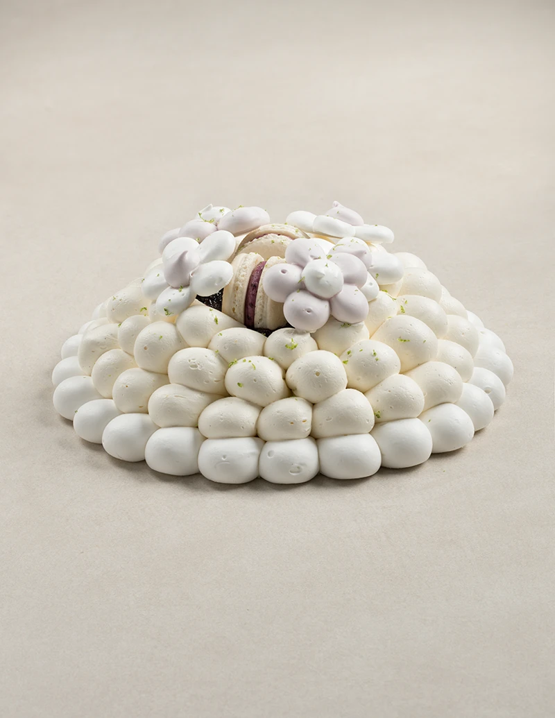 Whole Blueberry Pavlova cake with crisp meringue shell, vanilla custard cream, blueberry jam, macaron, and decorative meringue flowers.