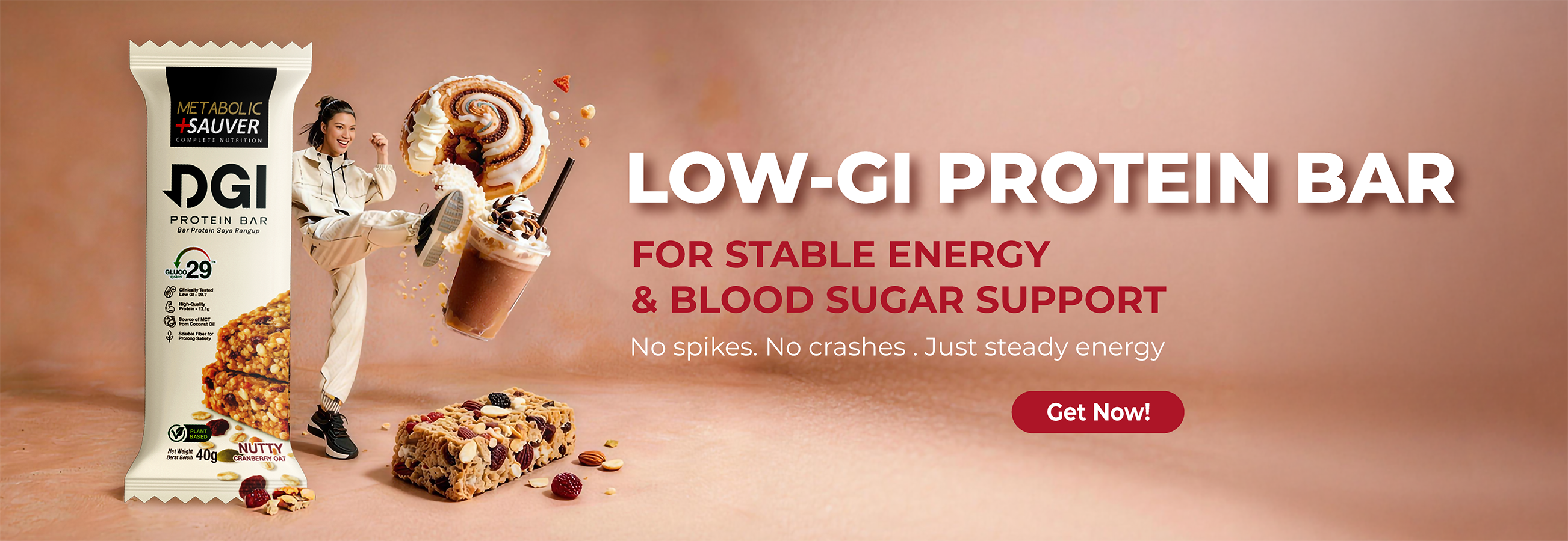 Low-gi protein bar, for stable energy & blood sugar support, no spikes. No crashes. Just steady energy