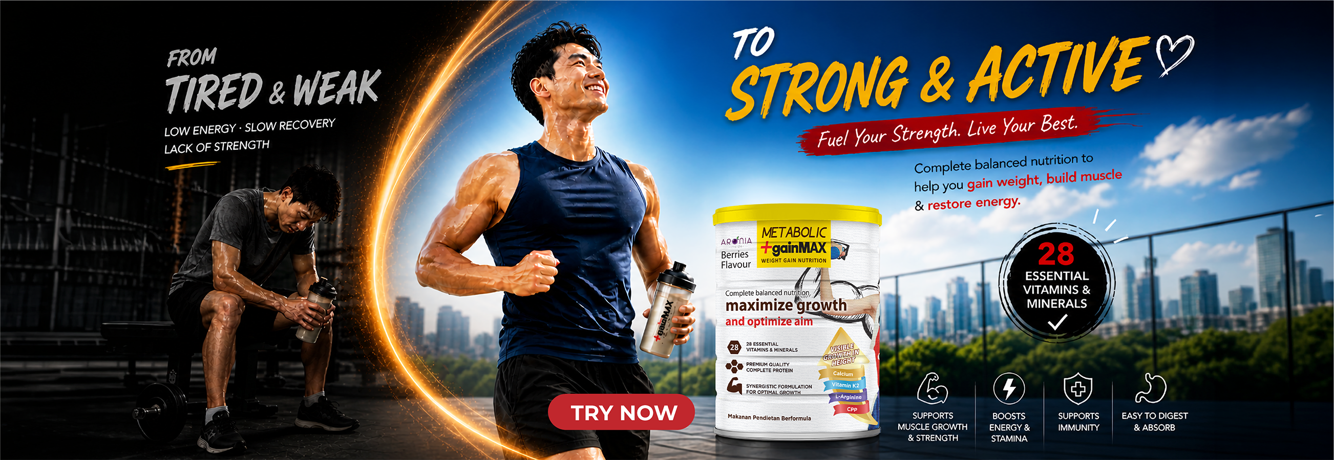 A promotional poster for Metabolic+ GainMax weight gain nutrition featuring an athletic young man running confidently from a dark, fatigued state into a bright, energetic environment. The visual highlights transformation from tired and weak to strong and active. The product is shown alongside key benefits including weight gain, muscle building, and energy restoration. It emphasizes complete balanced nutrition with 28 essential vitamins and minerals, supporting muscle growth, stamina, immunity, and easy digestion.