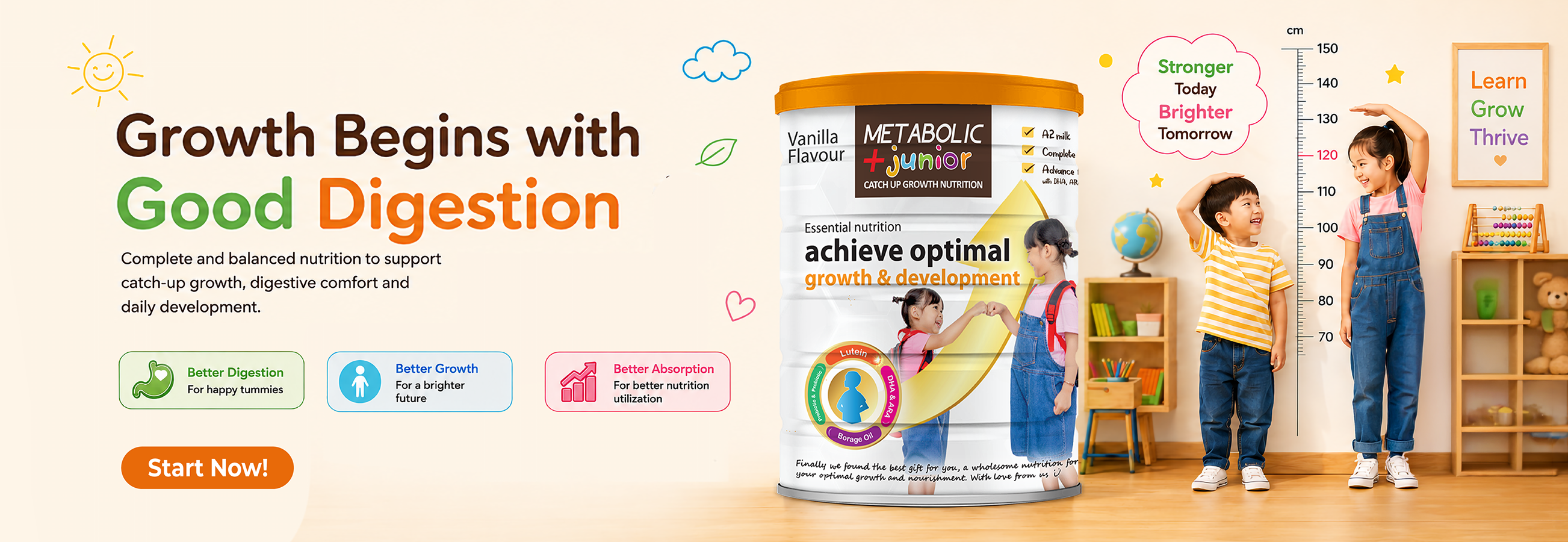 Metabolic+ Junior vanilla flavour catch-up growth nutrition milk powder displayed outdoors with two happy children running in a sunny park. The artwork features the headline “Growth Begins with Good Digestion” and highlights benefits including catch-up growth, digestive support, immune support, and brain development with colorful icons. A “Buy Online” button is shown beside the product pack in a bright and energetic lifestyle scene.