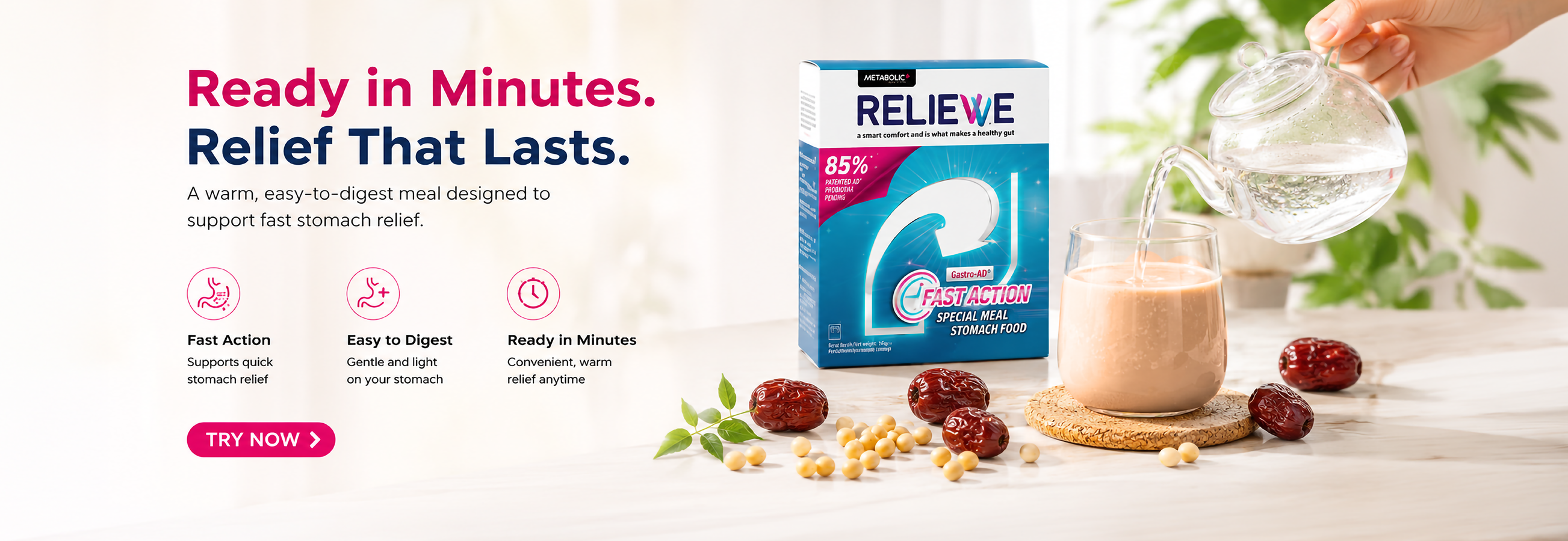Ready in Minutes. Relief That Lasts. A warm, easy-to-digest meal designed to support fast stomach relief.
