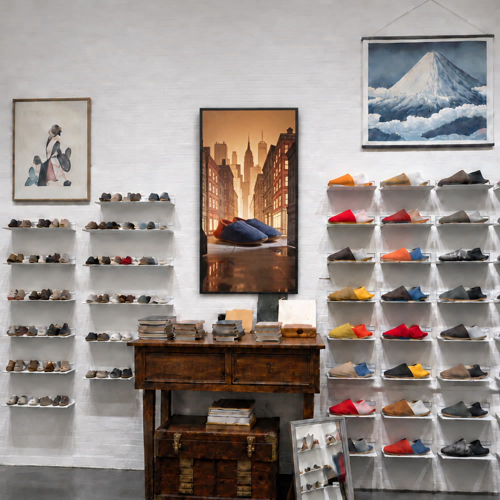 Wall-mounted screen showing slippers beside a shoe wall (concept).