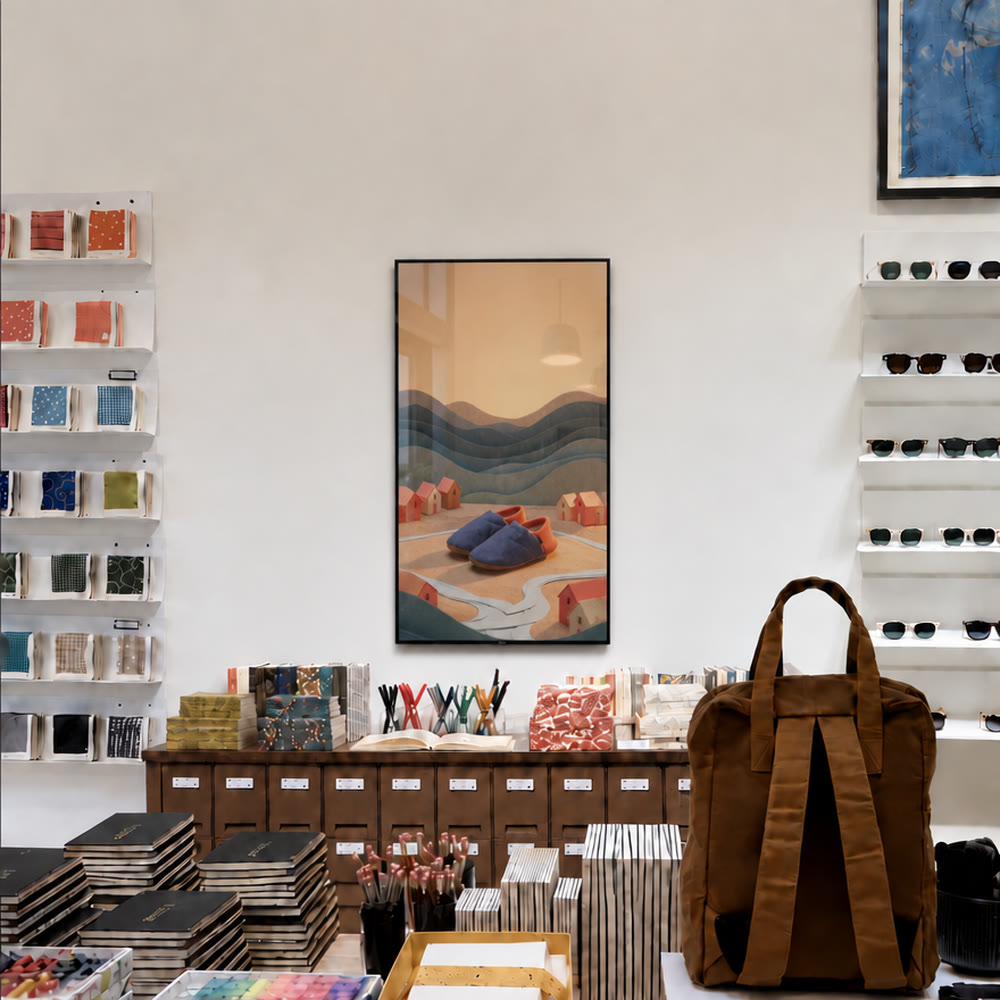 Wall-mounted screen showing slippers in a shop (concept).