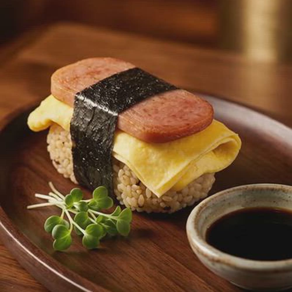 Tamago and spam musubi on a plate (concept).