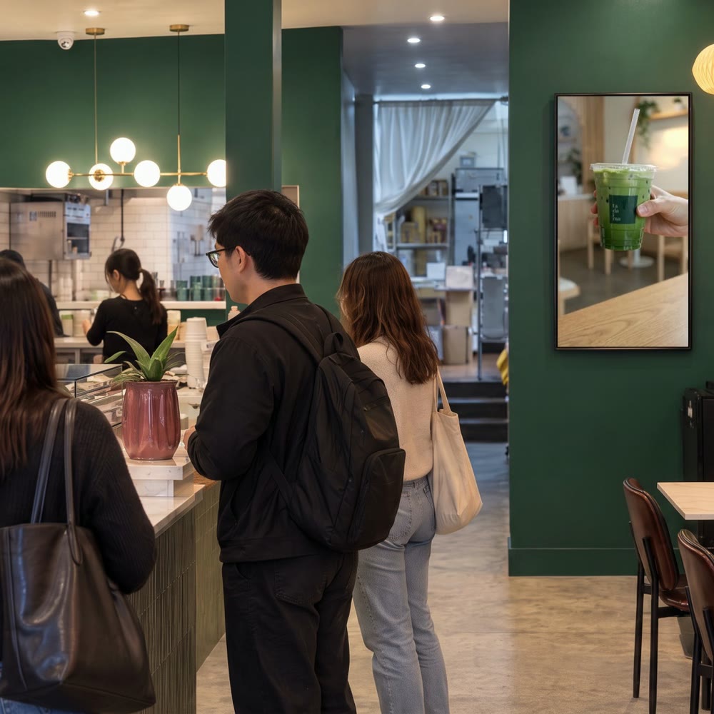 Cafe interior with a wall screen showing a drink (concept).