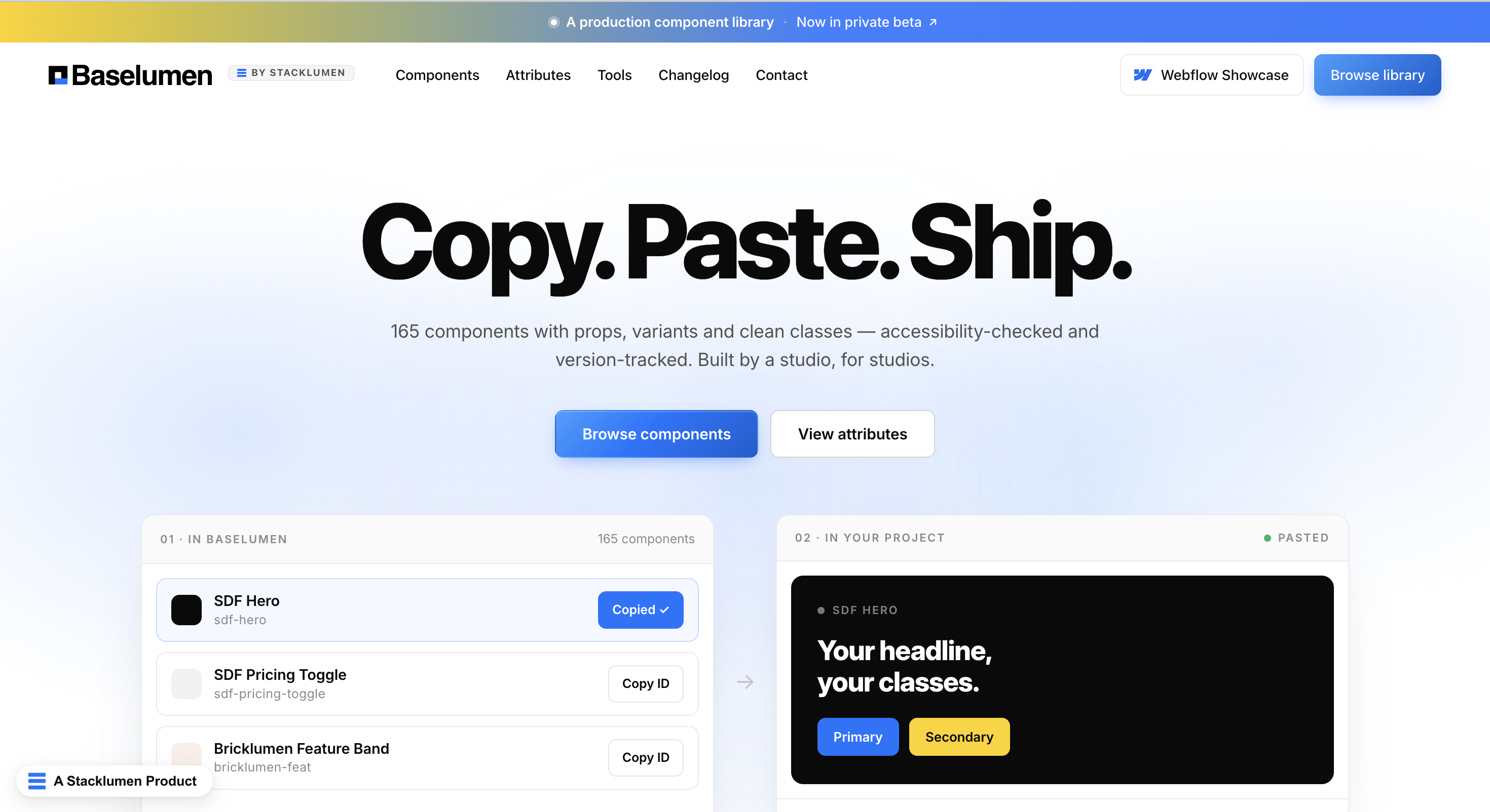The Baselumen component library, showing versioned production-ready components