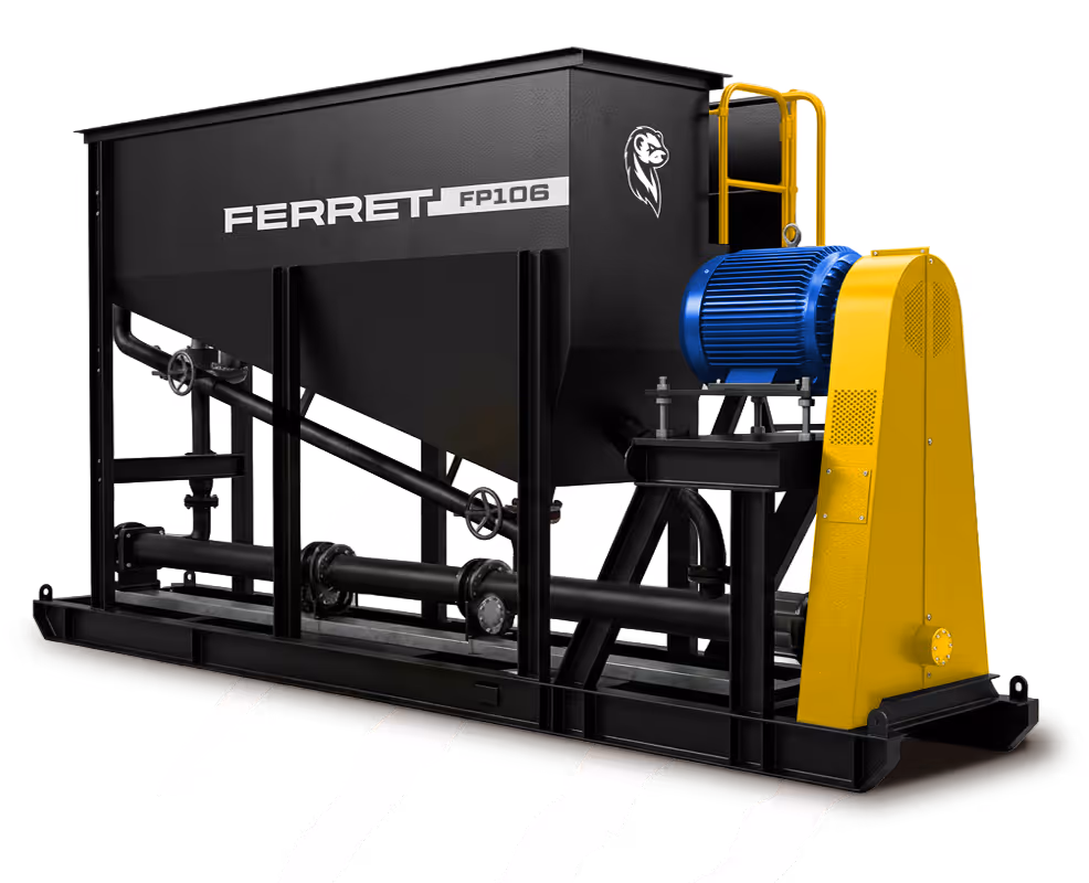 Black industrial Ferret FP106 machine with blue motor and yellow safety guard on white background.