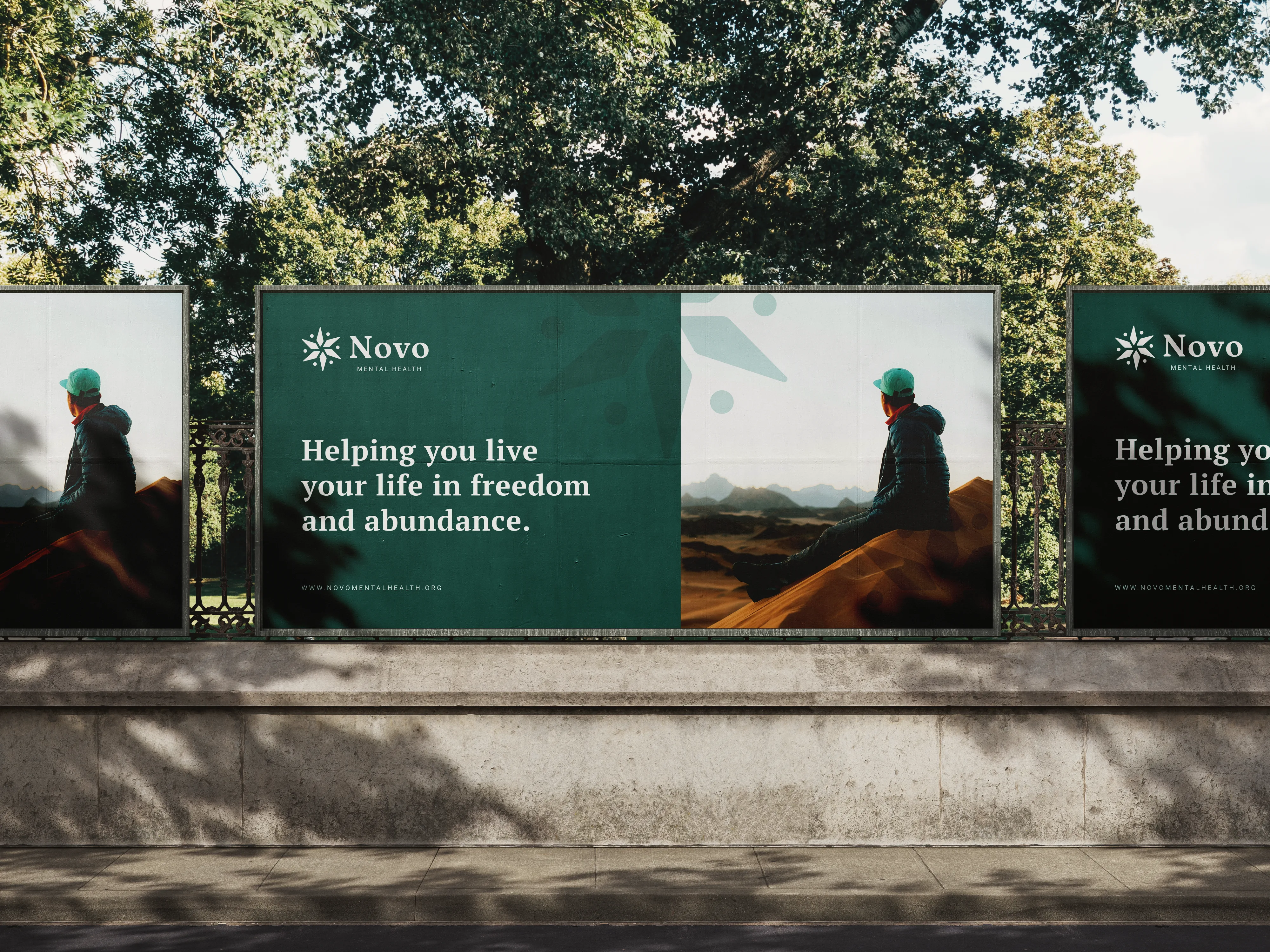 Novo Mental Health billboard mockup displayed at a bus shelter with brand messaging and outdoor photography