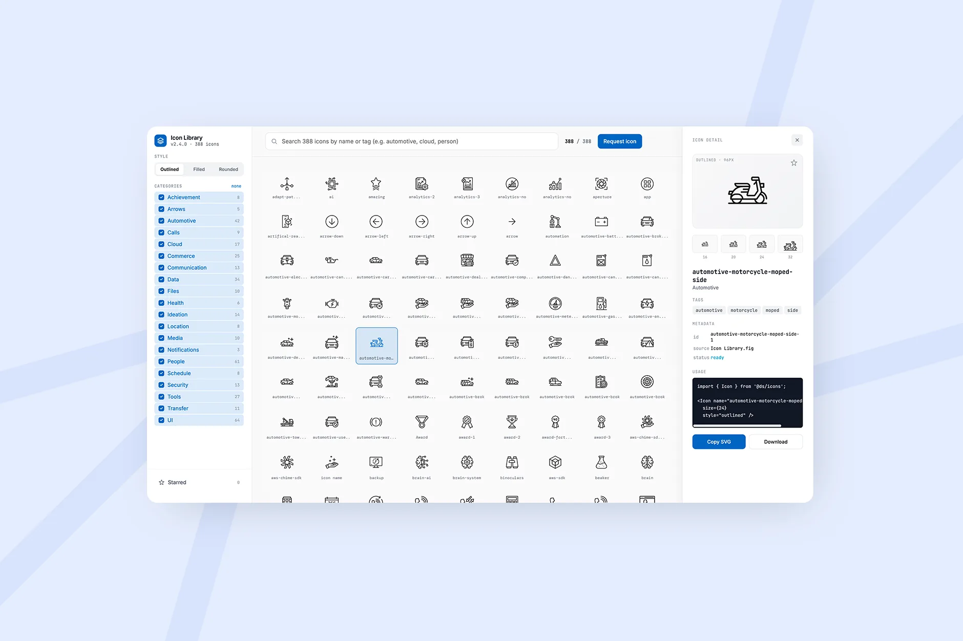 A user interface design of a digital icon library featuring a grid of minimalist line icons, a sidebar with category filters like "Automotive" and "Communication," and a detailed inspection panel on the right showing a motorcycle icon with its associated metadata and SVG code snippet.
