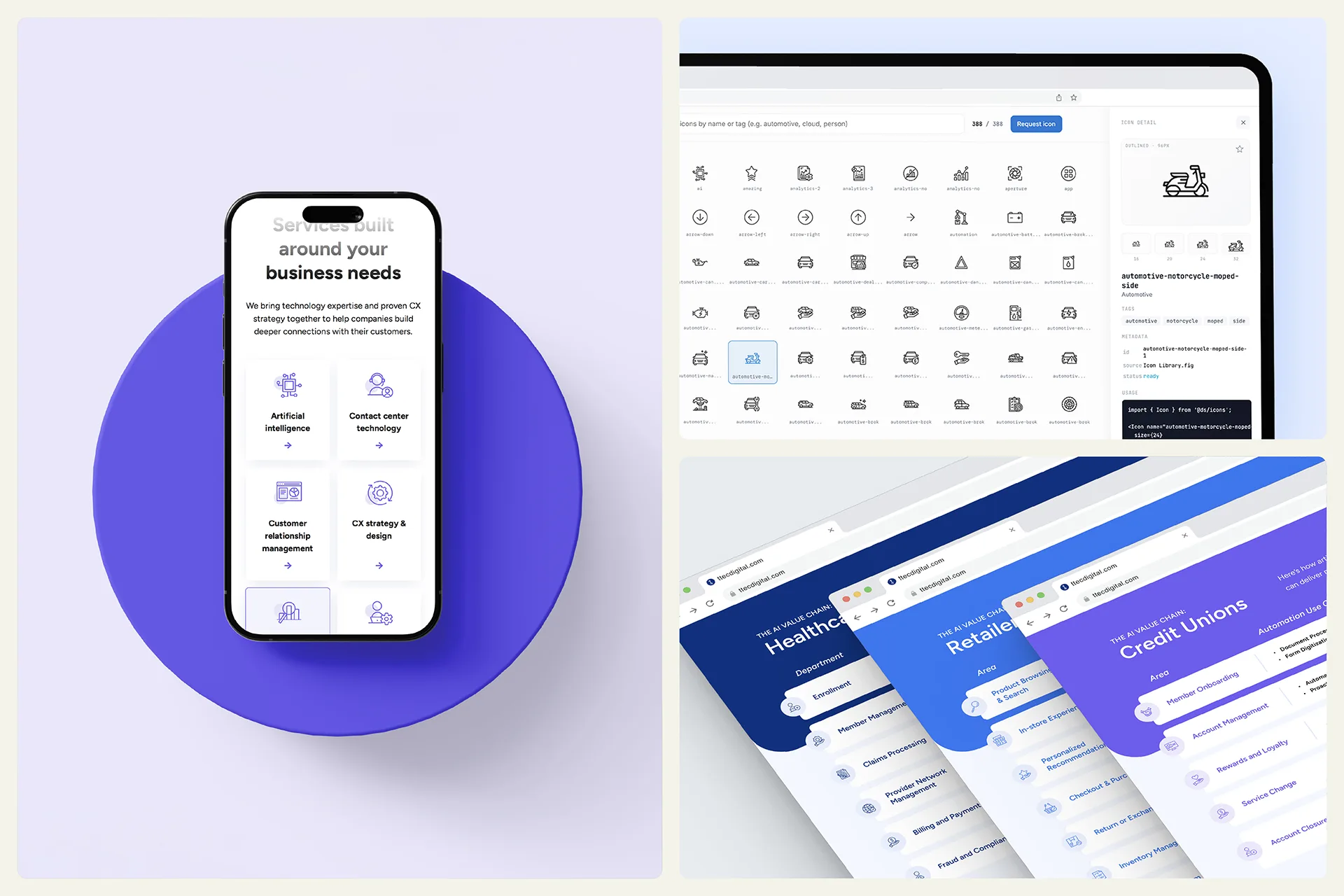 A user interface design of a digital icon library featuring a grid of minimalist line icons, a sidebar with category filters like "Automotive" and "Communication," and a detailed inspection panel on the right showing a motorcycle icon with its associated metadata and SVG code snippet.