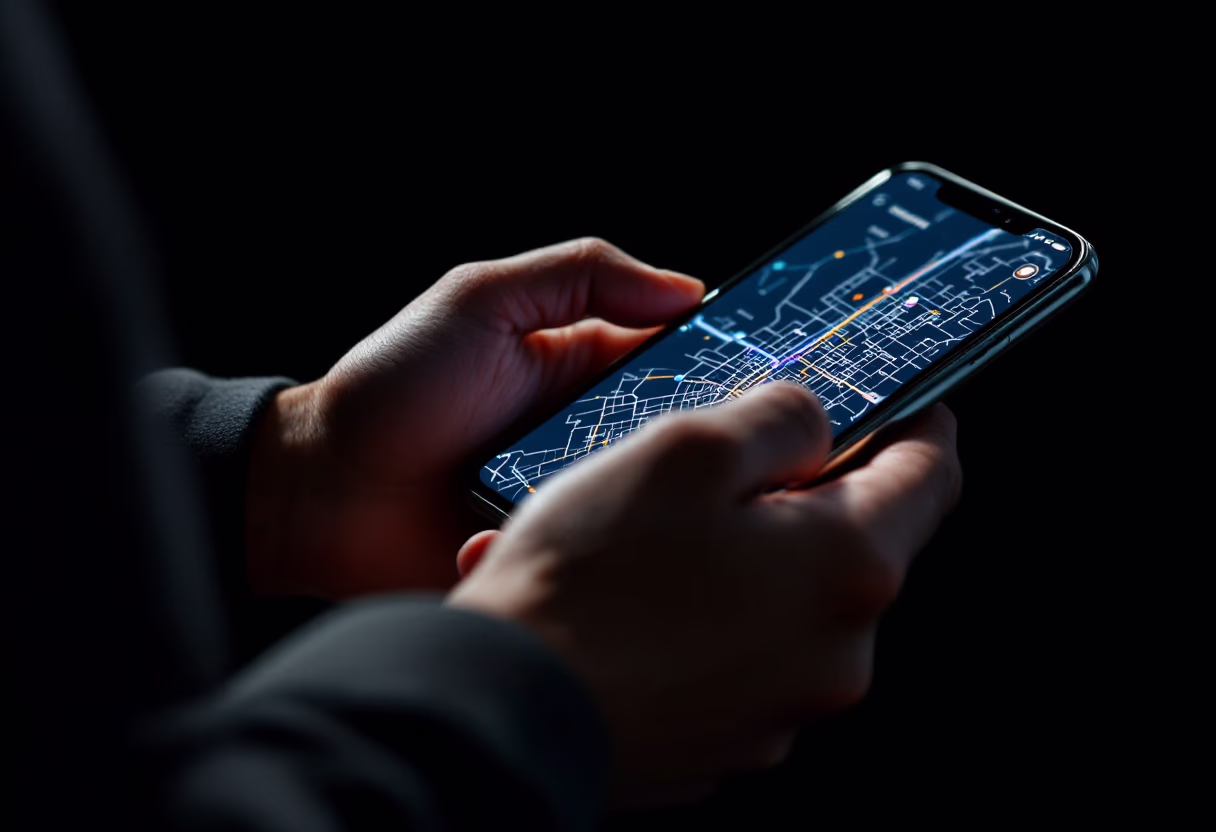 image of a commuter navigating a city map on a phone app
