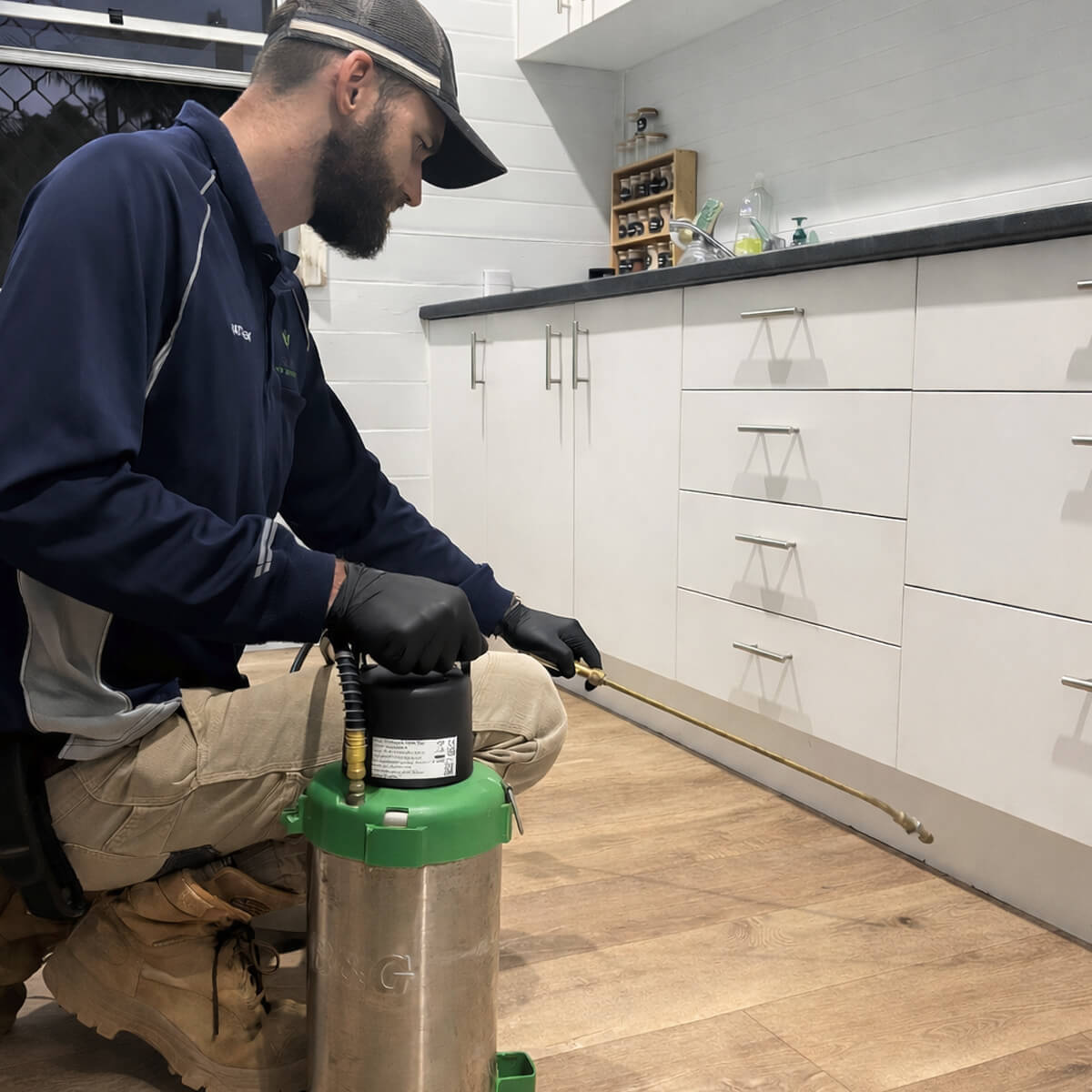 Pest management being completed in Bundaberg kitchen with sprayer