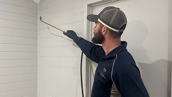 Matthew spraying pest control solutions in areas of the house that are prone to infestation