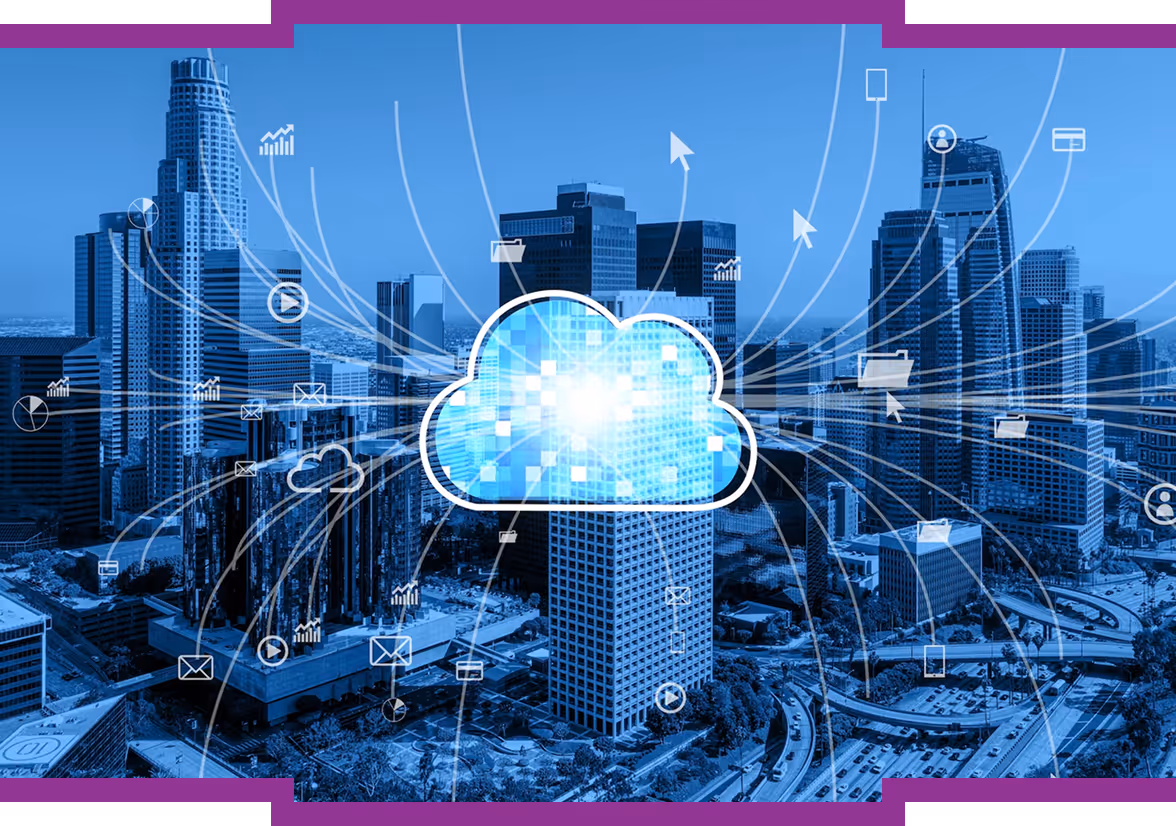 Cityscape with digital cloud icon and network connections representing cloud computing and data exchange.