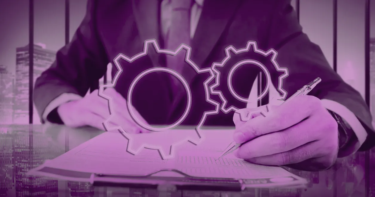 Businessman in suit writing on a clipboard with superimposed transparent gear icons symbolizing process or engineering.