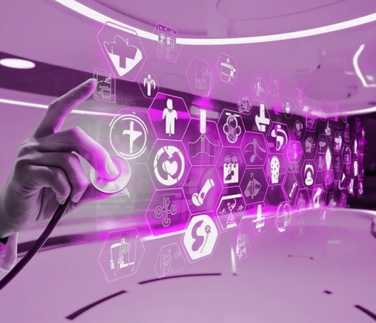 Hand interacting with a futuristic transparent digital interface displaying various medical and healthcare icons in purple tones.