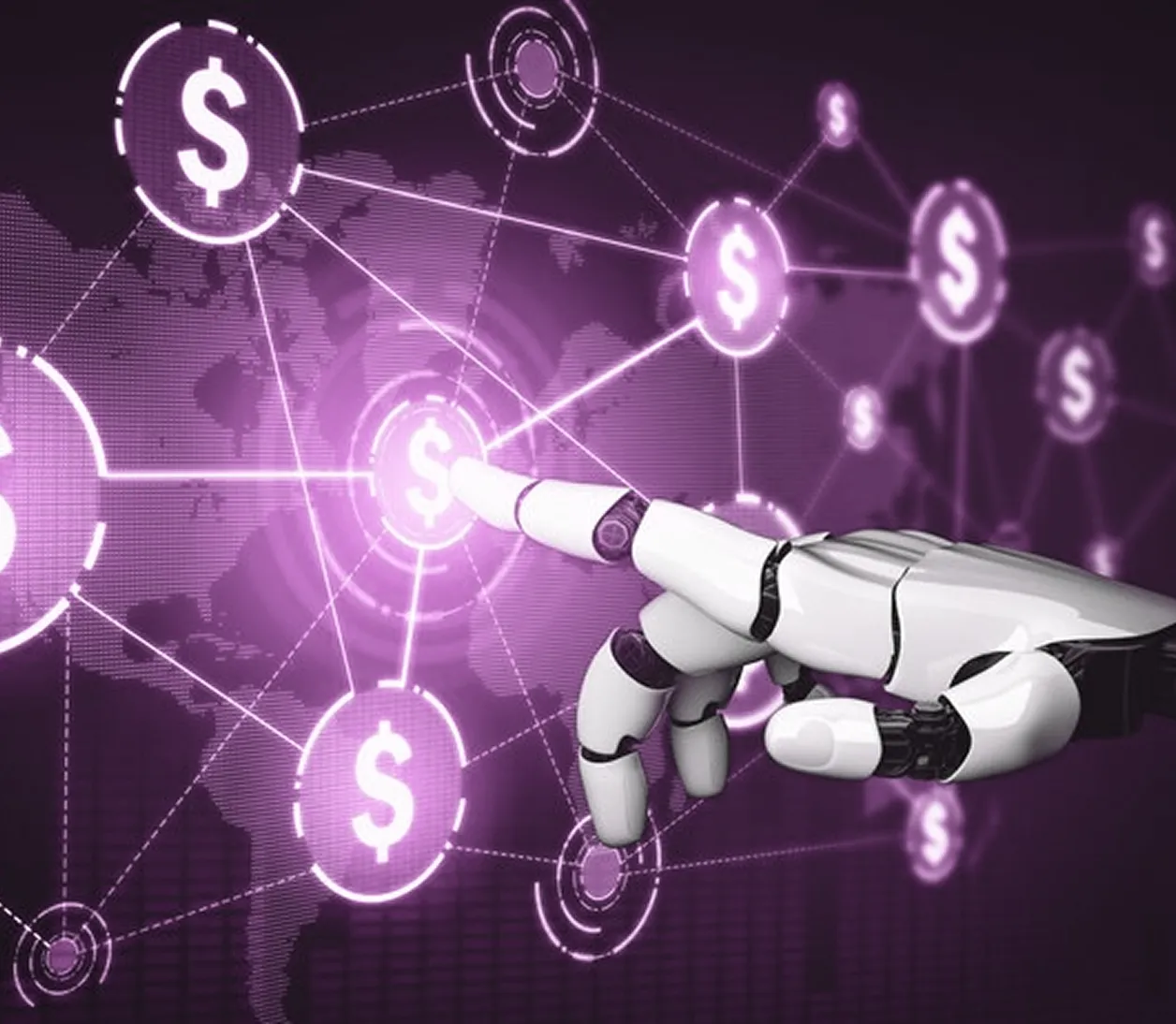 Robotic hand pointing at interconnected glowing dollar signs symbolizing digital finance or fintech network.