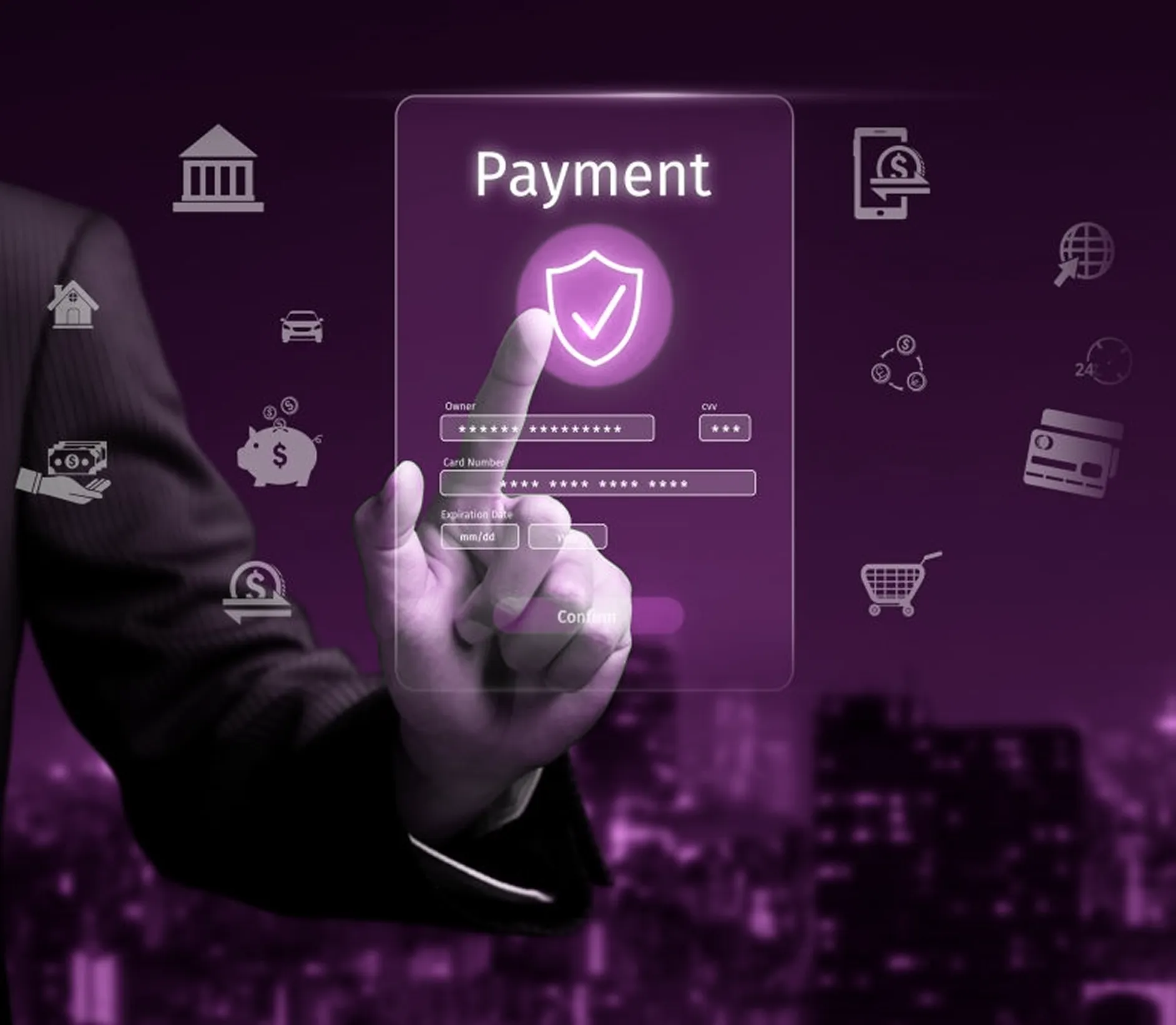 Hand in suit interacting with a transparent digital payment interface that includes fields for owner, card number, CVV, expiration date, and a shield security icon.
