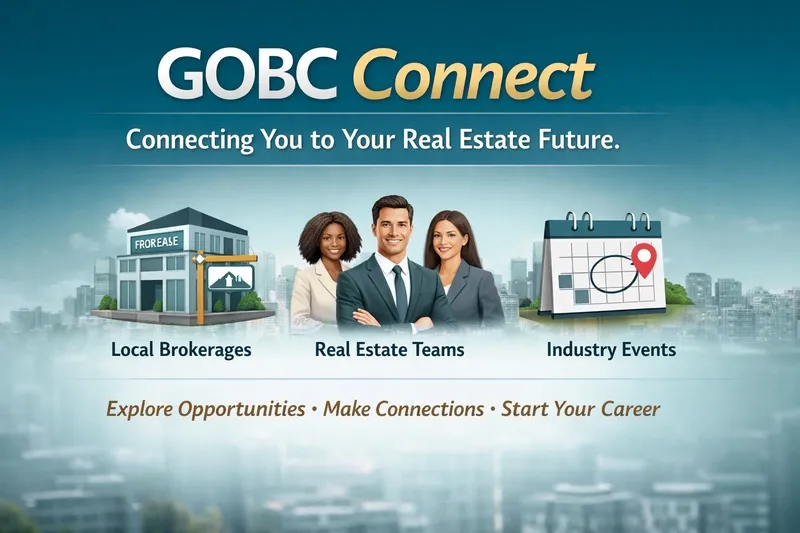 Graphic advertising GDBC Connect with a tagline connecting to real estate future, showing icons for local brokerages, real estate teams, and industry events.