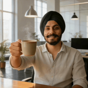 Smiling man wearing a black turban and light shirt holding a coffee cup in a bright office setting.