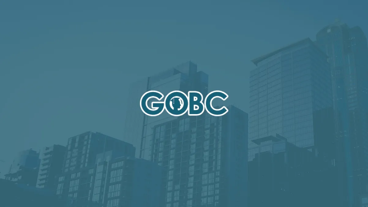 City skyline with modern high-rise buildings and the acronym GOBG centered in white text.