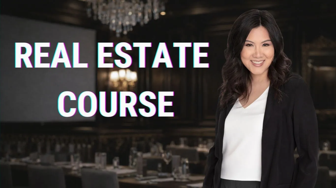 Smiling woman in white top and black blazer standing in an elegant dining room with 'REAL ESTATE COURSE' text on the left.