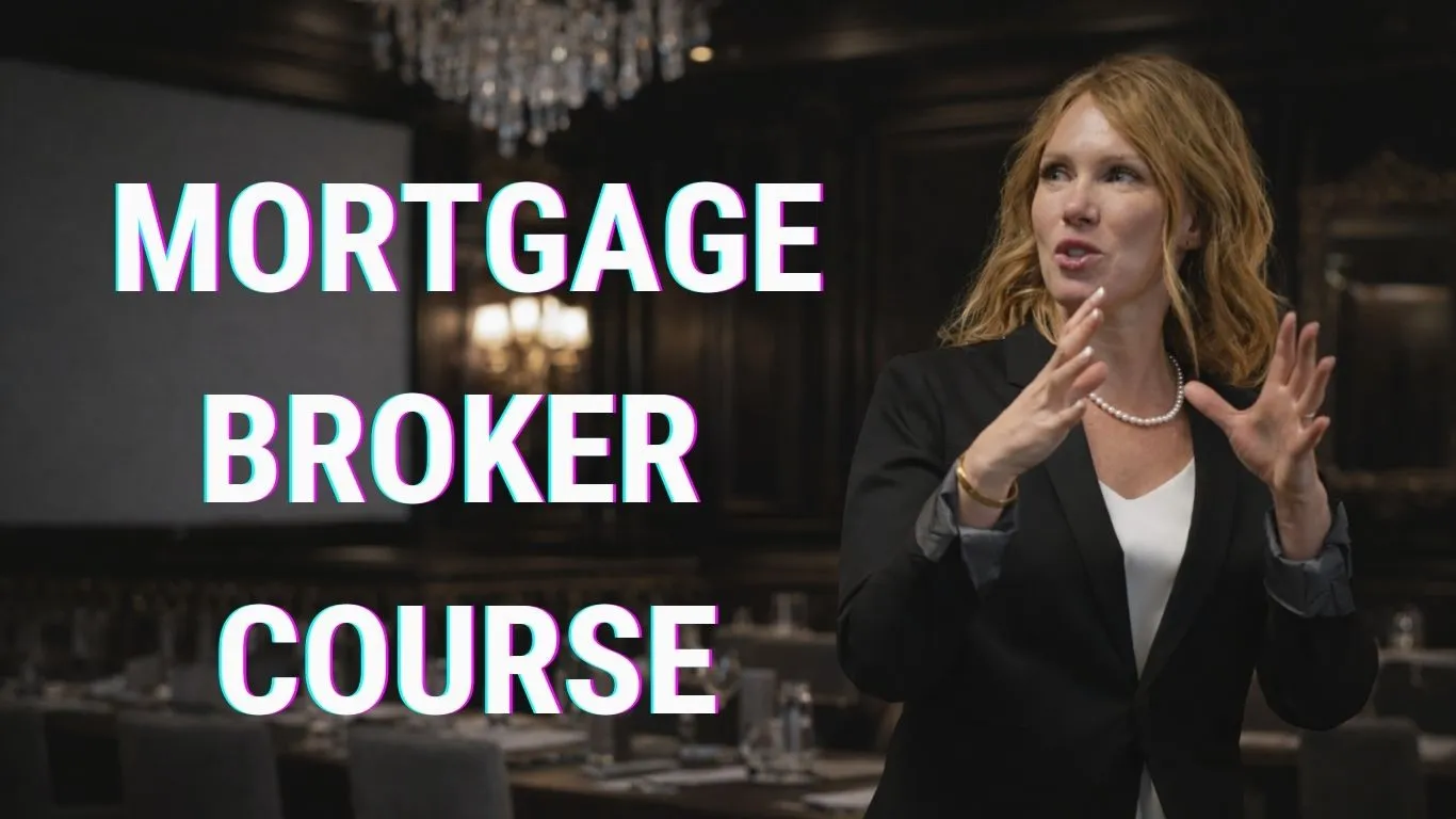 A woman in a black blazer gestures with her hands while standing in a dimly lit room with text 'Mortgage Broker Course' on the left.