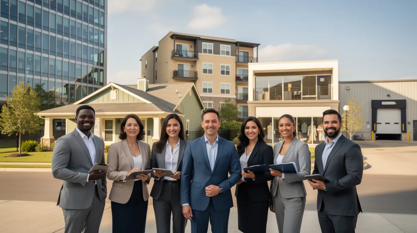 The image features a diverse group of real estate professionals standing confidently in front of various property types, showcasing their expertise in real estate services. This scene highlights the collaboration among agents and brokers in Ontario, emphasizing the importance of knowledge and support in navigating real estate transactions.