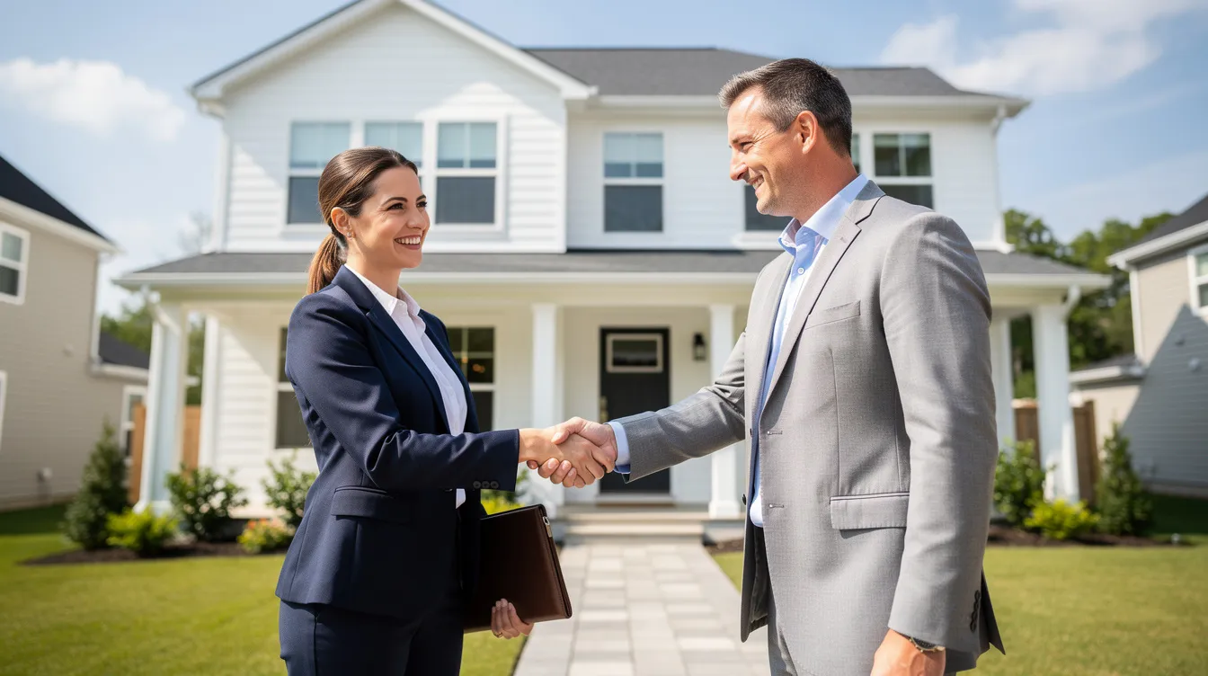 Two real estate agents are shaking hands outside a home, symbolizing a successful real estate transaction. This image highlights the professional relationship between agents, often involving realtor fees and commission rates in the process of buying or selling property.