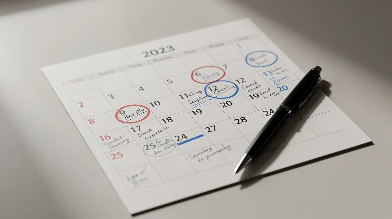 The image shows a calendar with several dates marked, indicating important deadlines, and a pen placed beside it, suggesting preparation for the UBC real estate exam or other related assessments. This visual emphasizes the importance of organization and planning in a real estate career, especially for students preparing for their licensing exam.