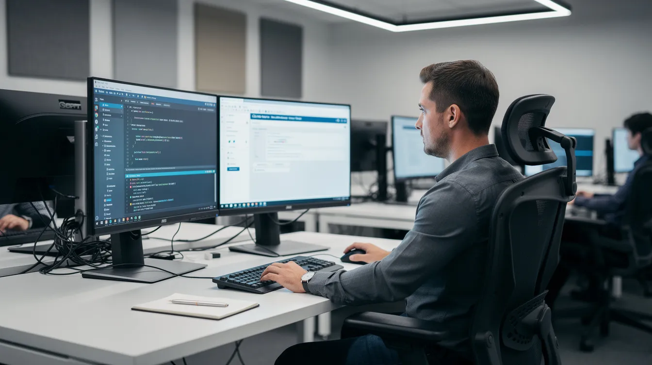 The image shows a person focused at a computer workstation in a professional testing environment, likely preparing for the UBC real estate exam. The setting conveys an atmosphere of concentration and dedication, essential for mastering the course material and achieving success in the real estate industry.