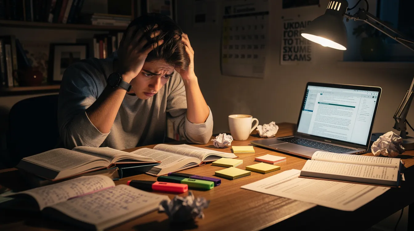 The image shows a stressed person sitting at a cluttered desk filled with textbooks and study materials, likely preparing for the UBC real estate exam. The scene reflects the pressure of studying for important topics such as contract law and real estate trading services, emphasizing the challenges students face in their pursuit of a successful real estate career.