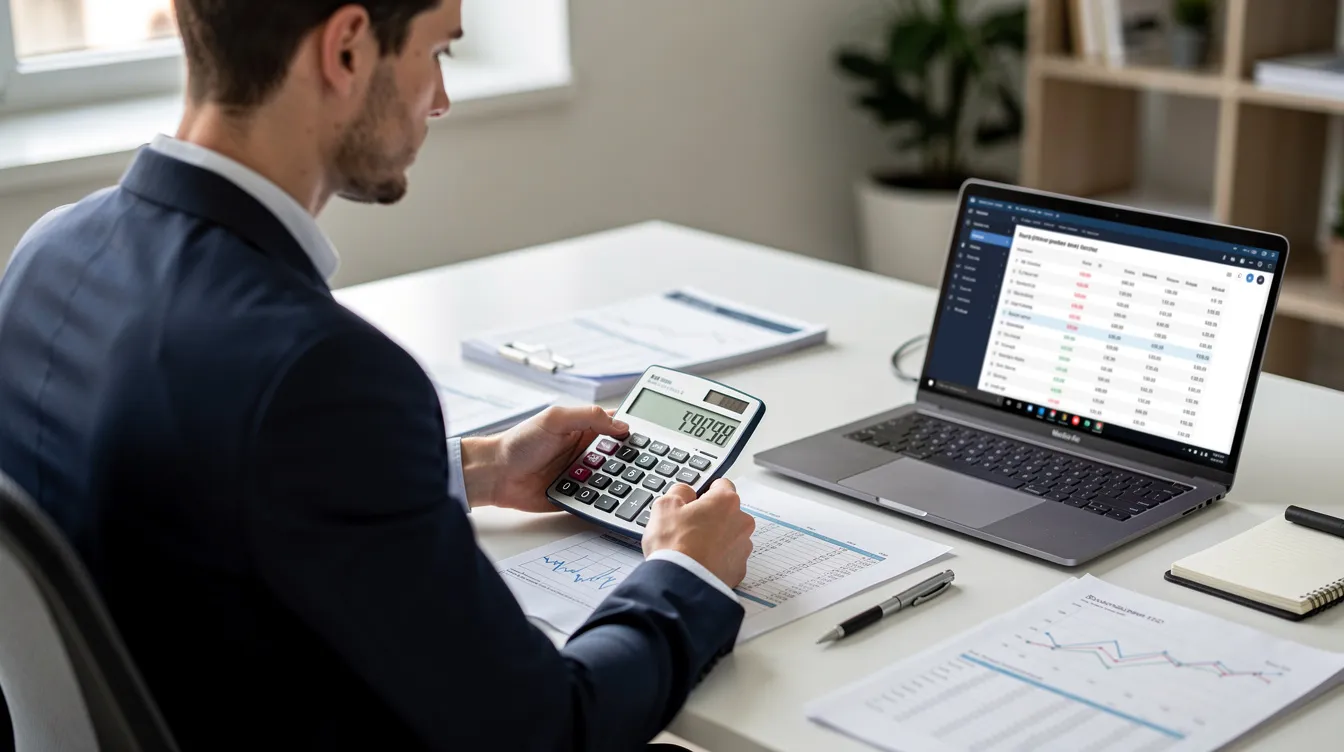 A professional sits at a desk equipped with a financial calculator and a laptop, engaged in mortgage transactions and financial analysis. This scene reflects the work environment of mortgage brokers and agents in the mortgage industry, where they utilize tools and knowledge to assist clients with their financial needs.
