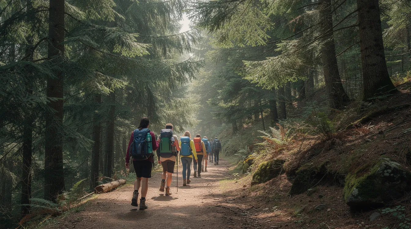 A group of people is hiking along a forest trail, surrounded by tall evergreen trees, enjoying the natural beauty of the outdoors. This scene captures the spirit of adventure and connection with nature, reminiscent of the vibrant community at UBC, where students and real estate professionals often seek their dream home in the Vancouver region.