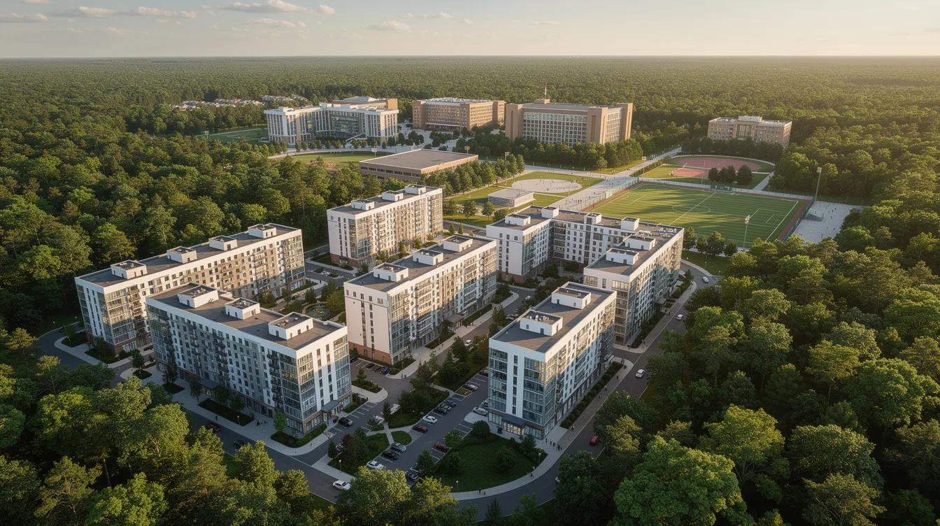 An aerial view showcases modern residential buildings, including townhouses, nestled within a lush forest near the University of British Columbia (UBC) campus. This vibrant setting highlights the intersection of nature and the real estate industry, offering potential dream homes for students and professionals in the Vancouver region.