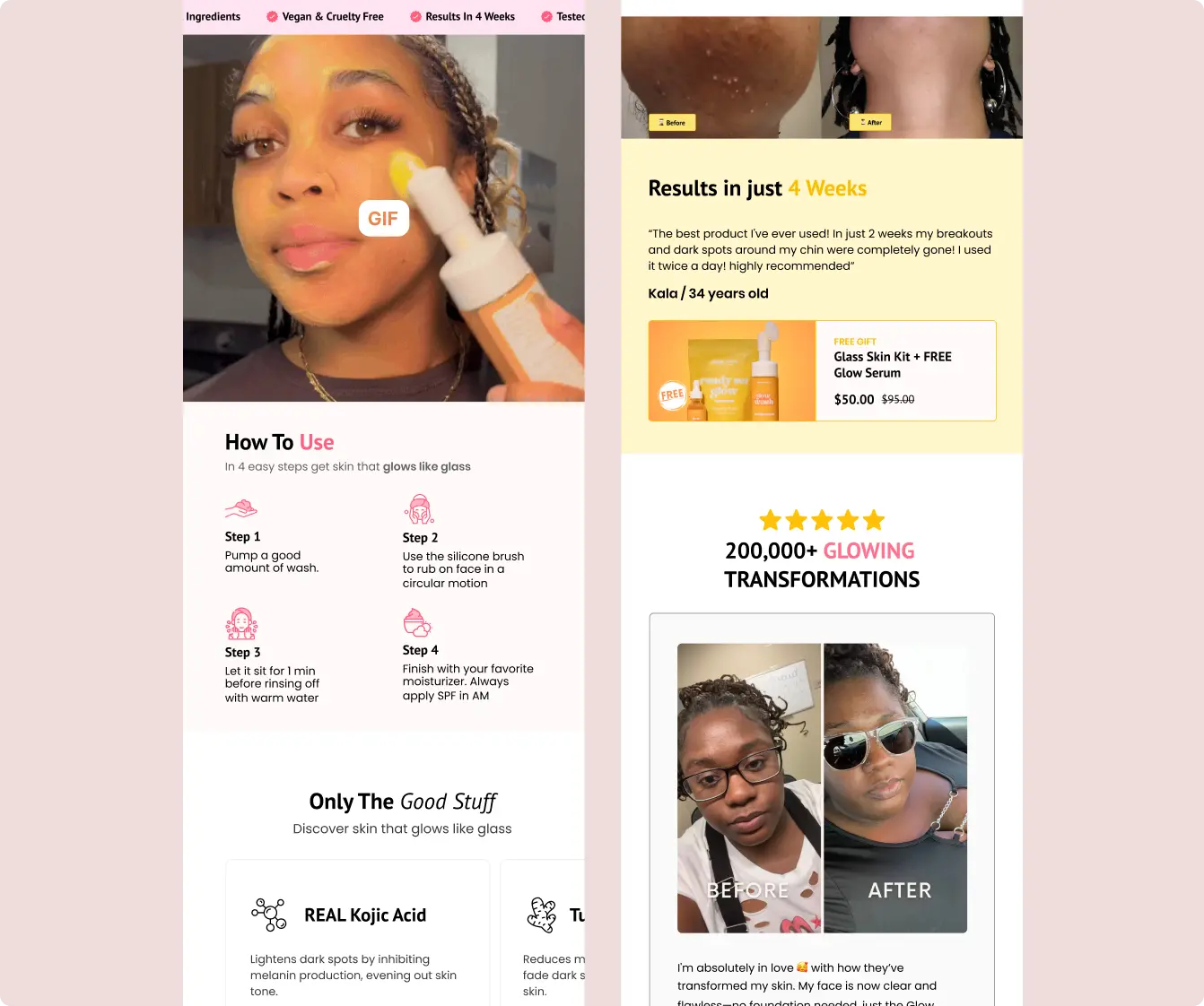 Sugar Baby product detail page with usage steps and before/after results
