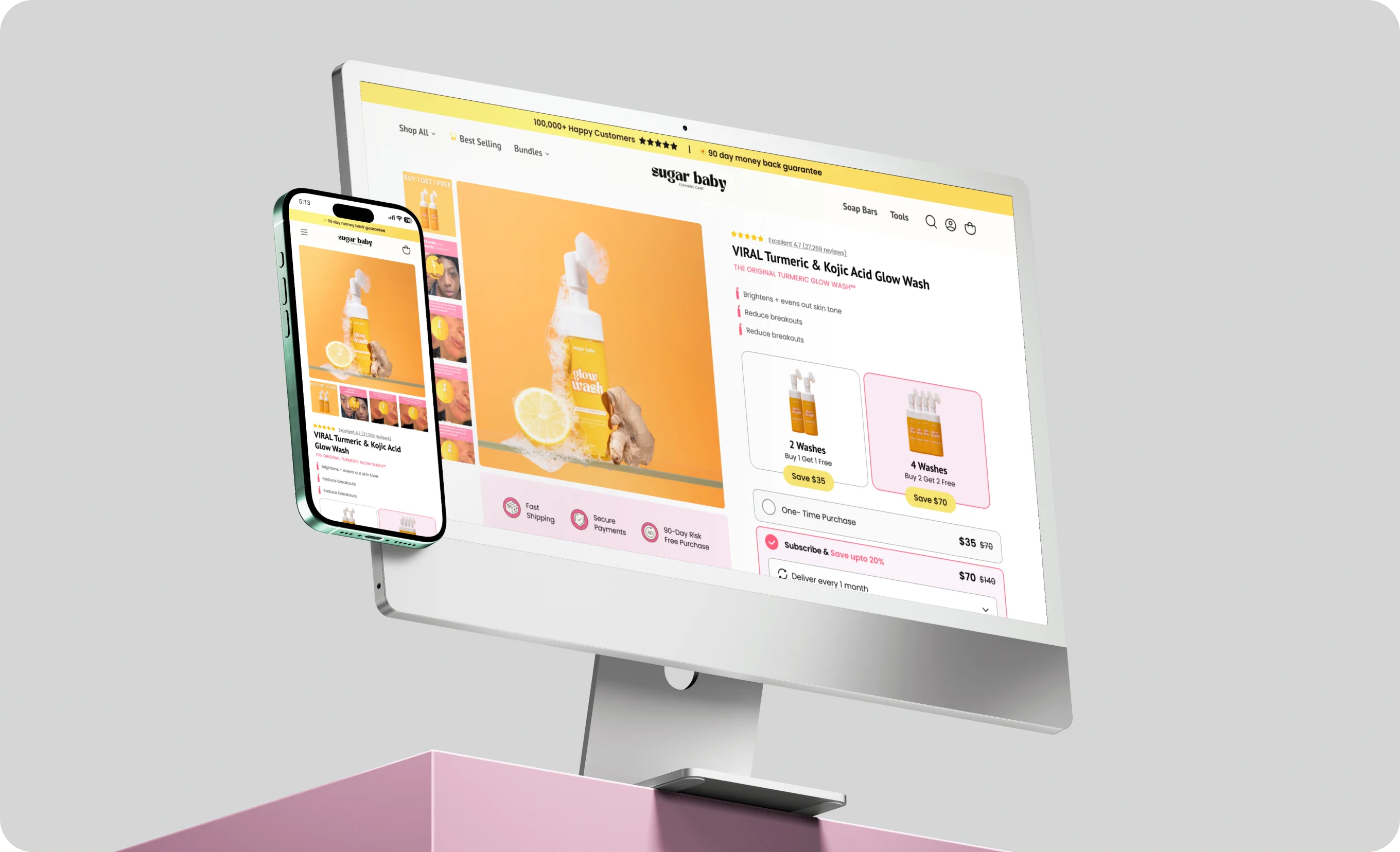 Sugar Baby Glow Wash product page on desktop and mobile