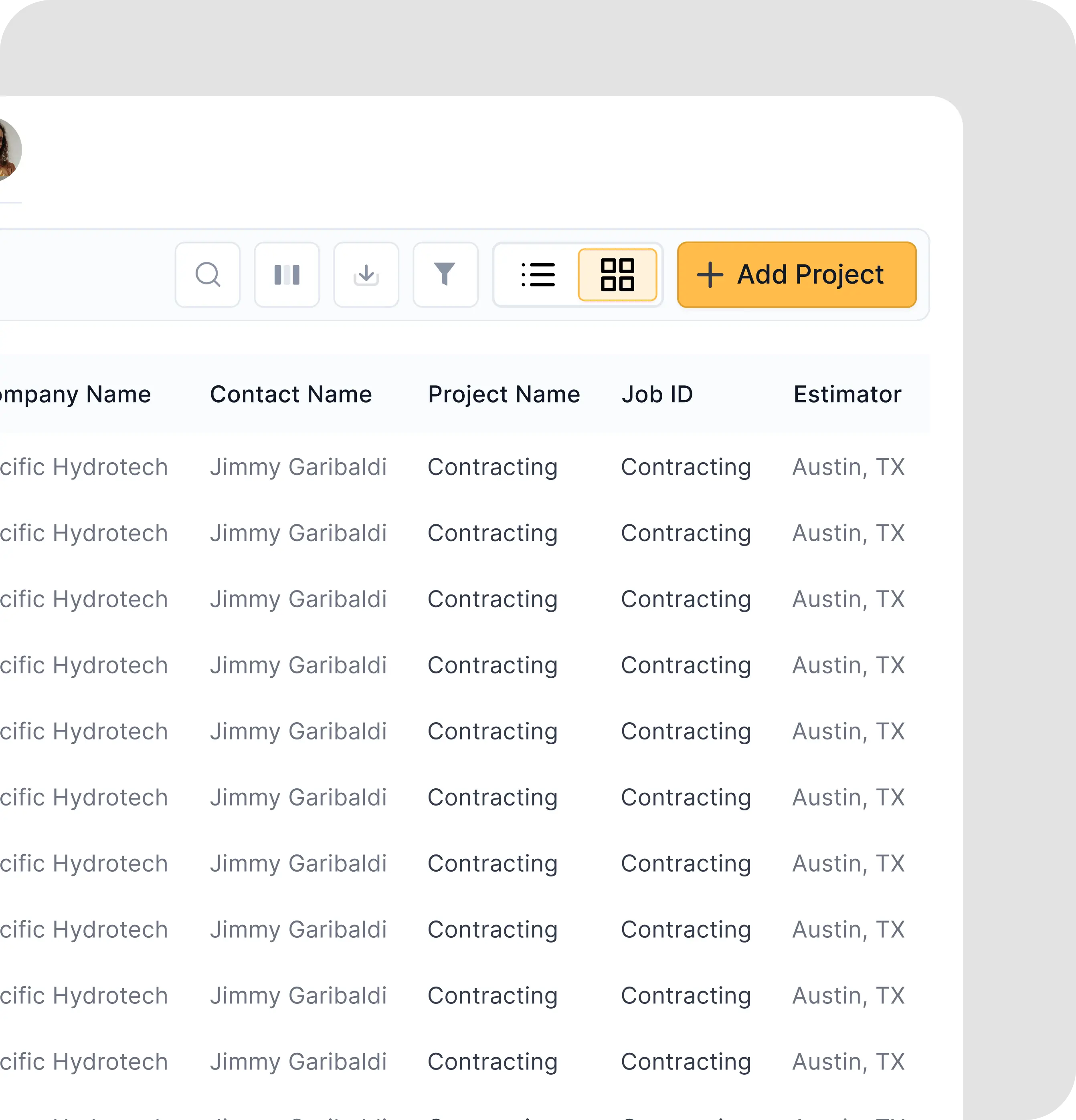 Project management interface showing multiple entries for company Pacific Hydrotech with contact Jimmy Garibaldi, project and job ID as Contracting, and estimator location Austin, TX.