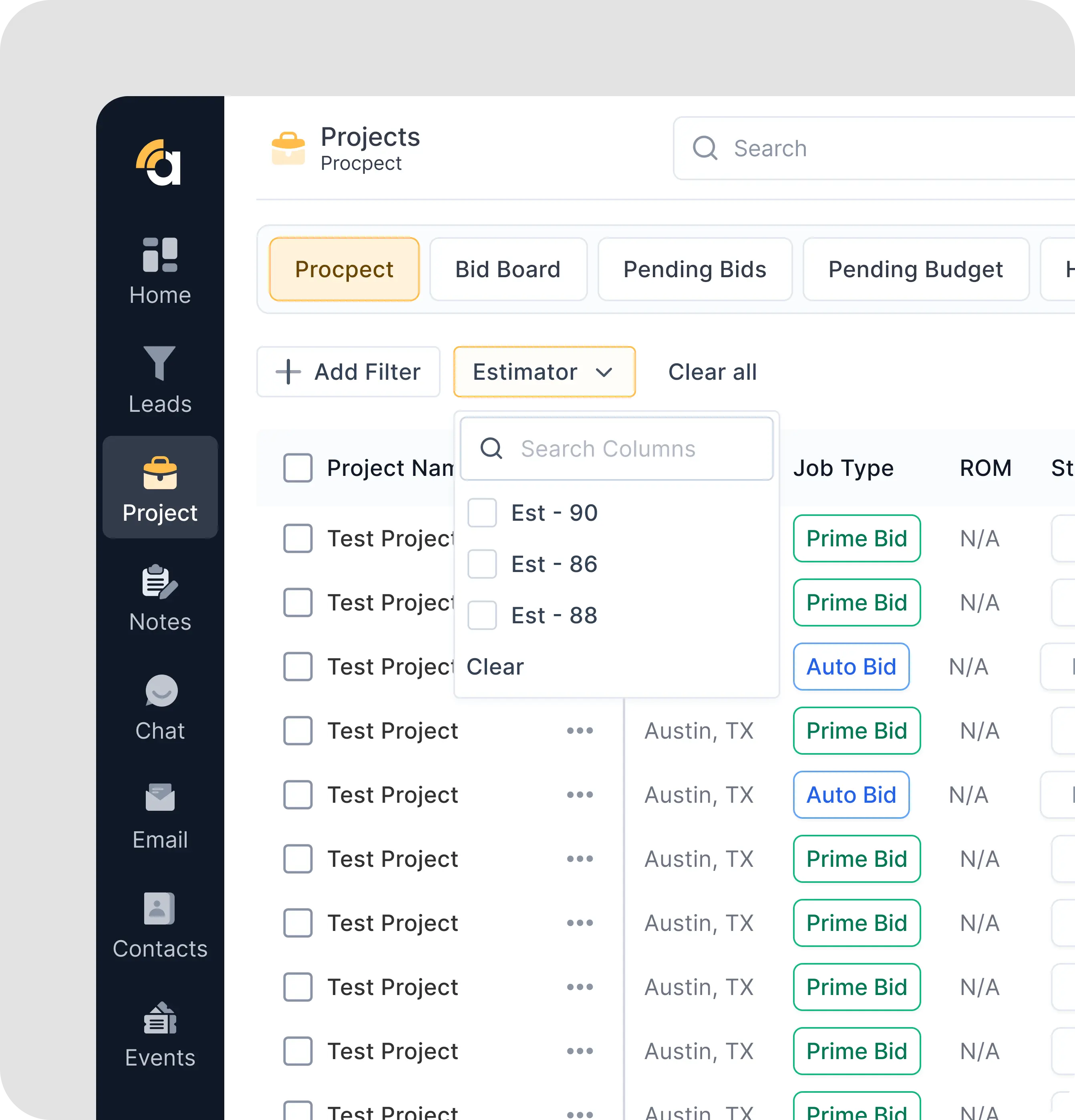 Project management dashboard displaying a list of test projects with filters and bidding statuses such as Prime Bid and Auto Bid.