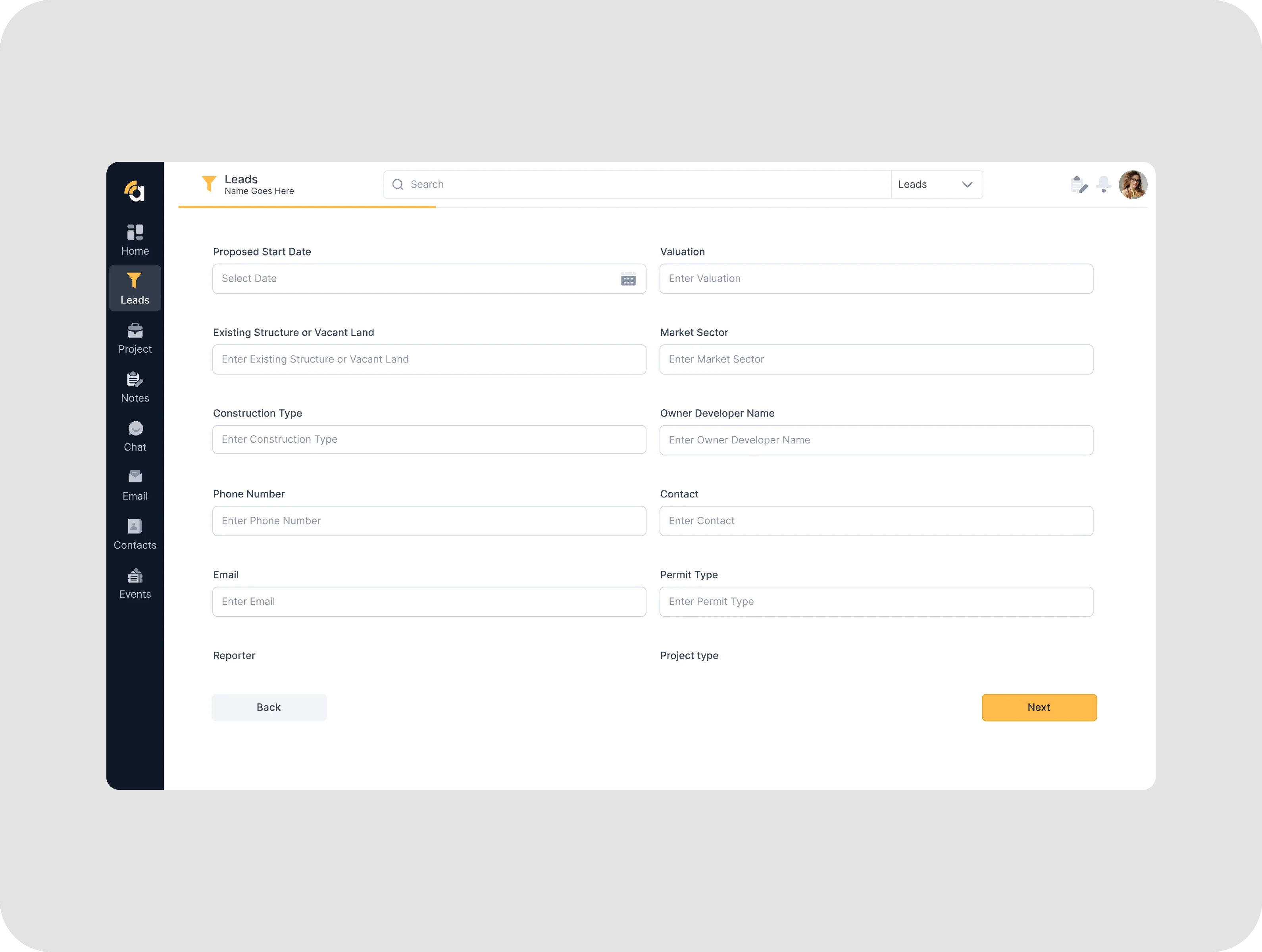 User interface of a leads form with fields for proposed start date, valuation, existing structure or vacant land, market sector, construction type, owner developer name, phone number, contact, email, permit type, reporter, and project type, with Back and Next buttons.