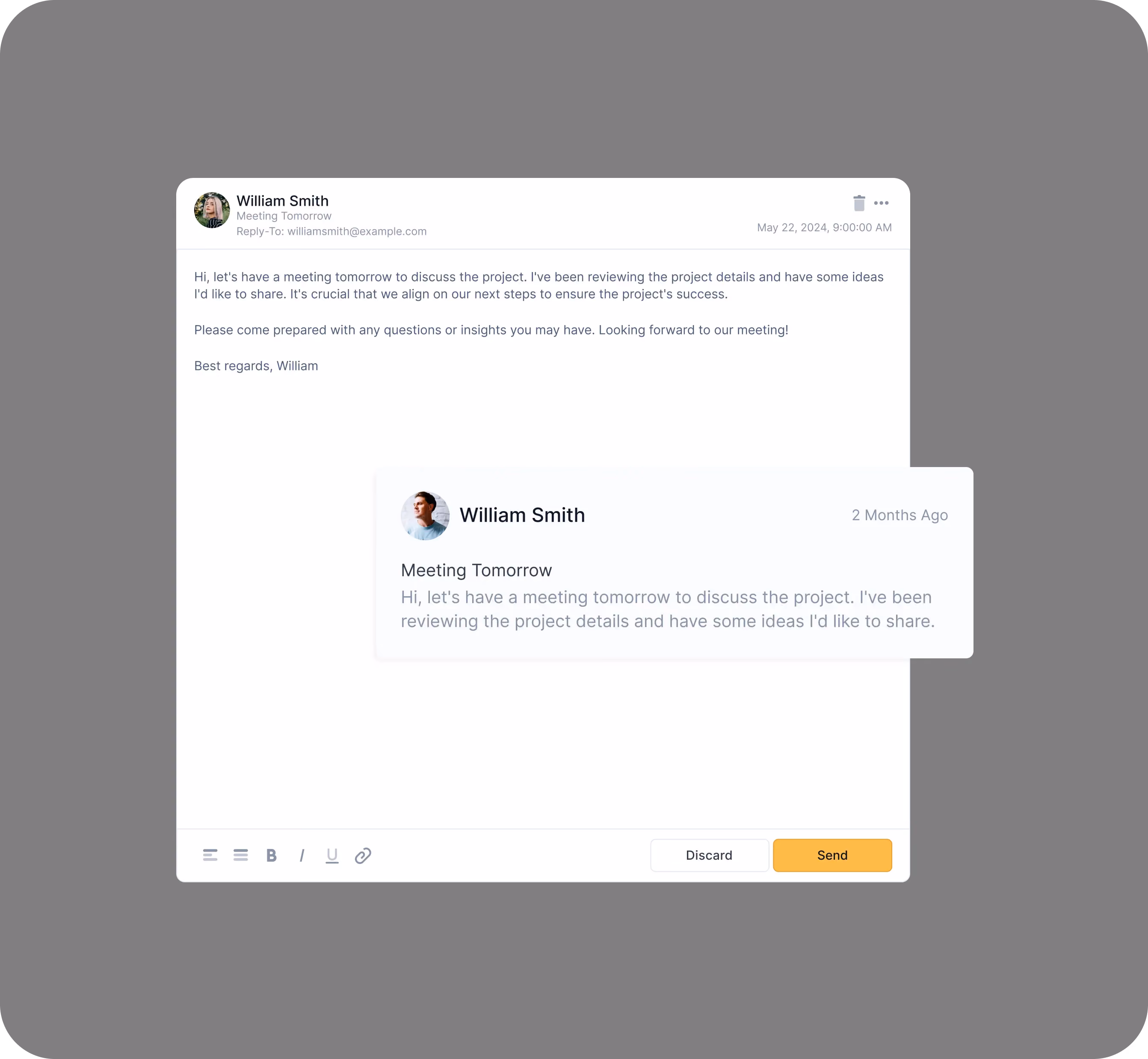 Email draft by William Smith about a meeting tomorrow discussing project details and next steps.