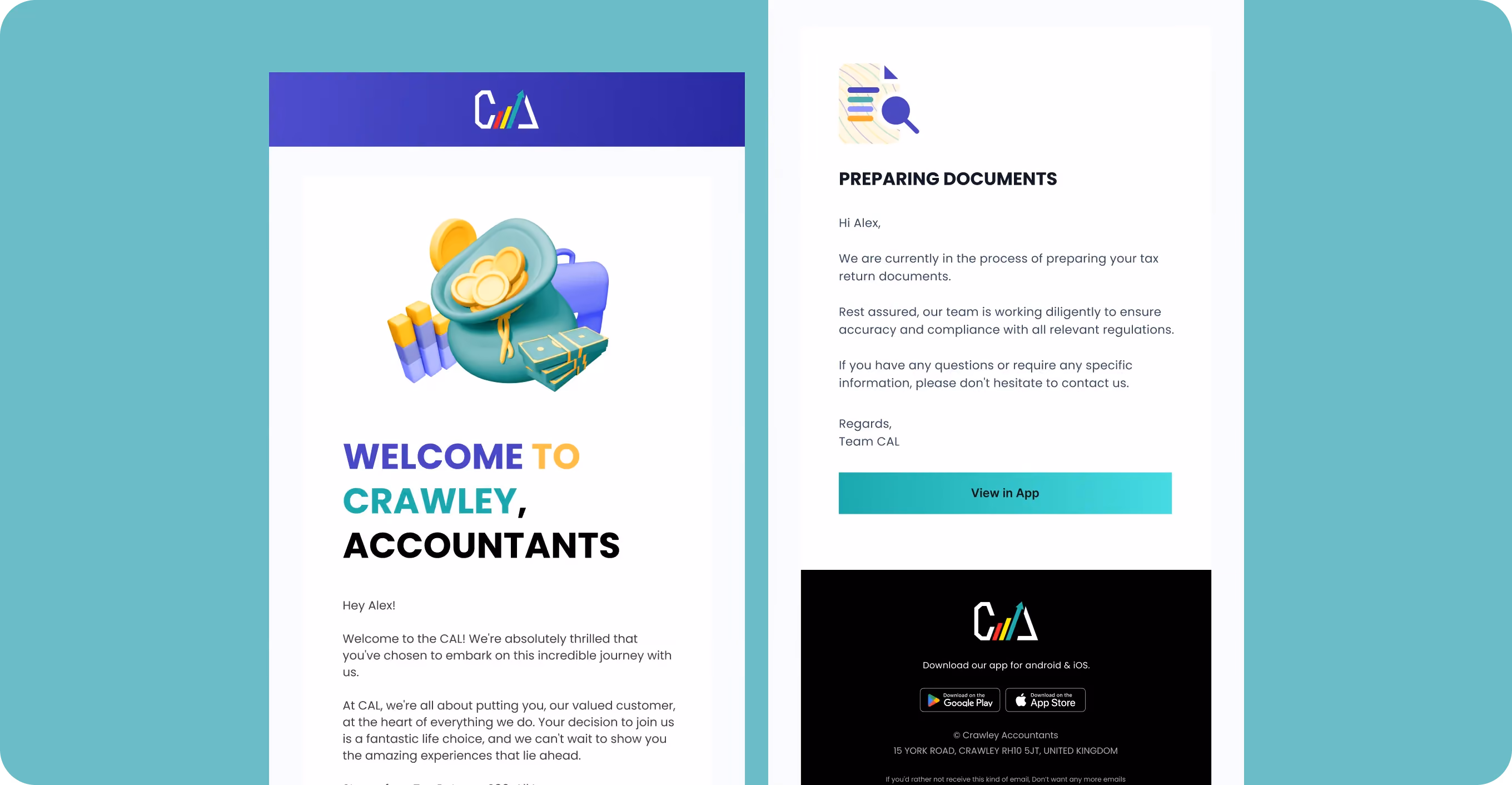 Welcome email from Crawley Accountants with tax document update and app download links.